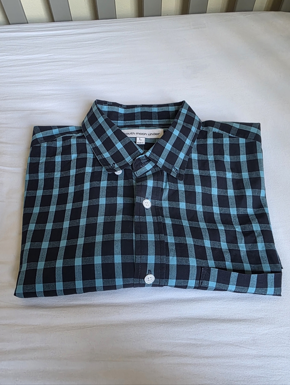 South Moon Under Men’s Teal and Black Plaid Cotton Button-Down Shirt Size Large